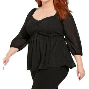Torrid Top Women 2X Black Sweetheart Neck Pullover Babydoll Crinkle Chiffon Plus